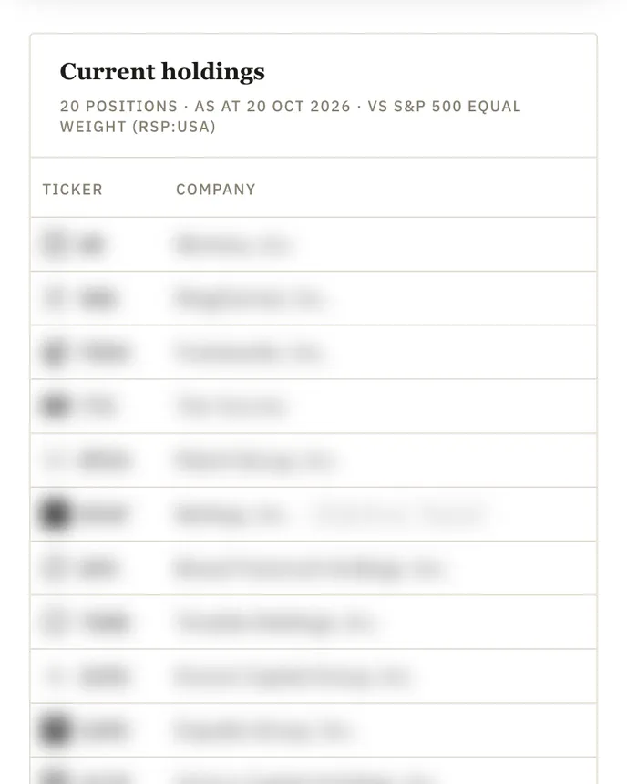 The member Portfolio screen: twenty positions with weight, return and holding period, names blurred, then a press on Read opens a brief